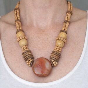 Vintage Natural Stone & Wood Beaded Necklace | Boho Statement Necklace